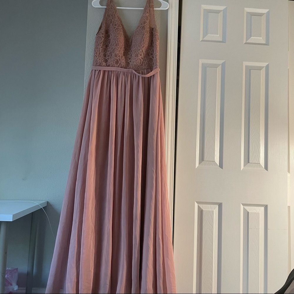 JJ's House V-neck Lace Maxi Bridesmaids Dress in Dirty Pink